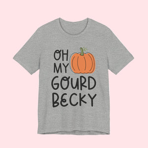 Gray t-shirt with a pumpkin graphic and text on a white background