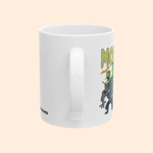 White mug with cartoon characters and text on a white background