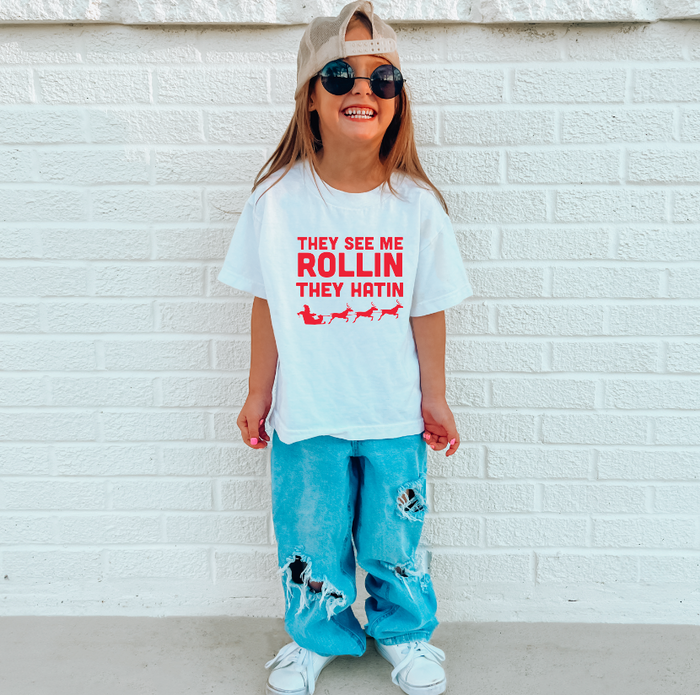 They See Me Rollin' Santa KIDS Christmas Tee