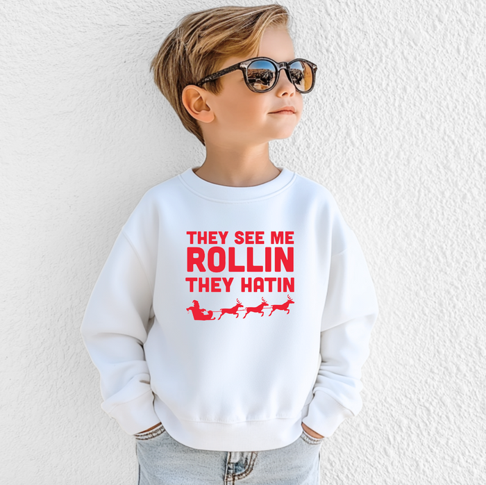 They See Me Rollin' They Hatin Santa KIDS Christmas Sweatshirt