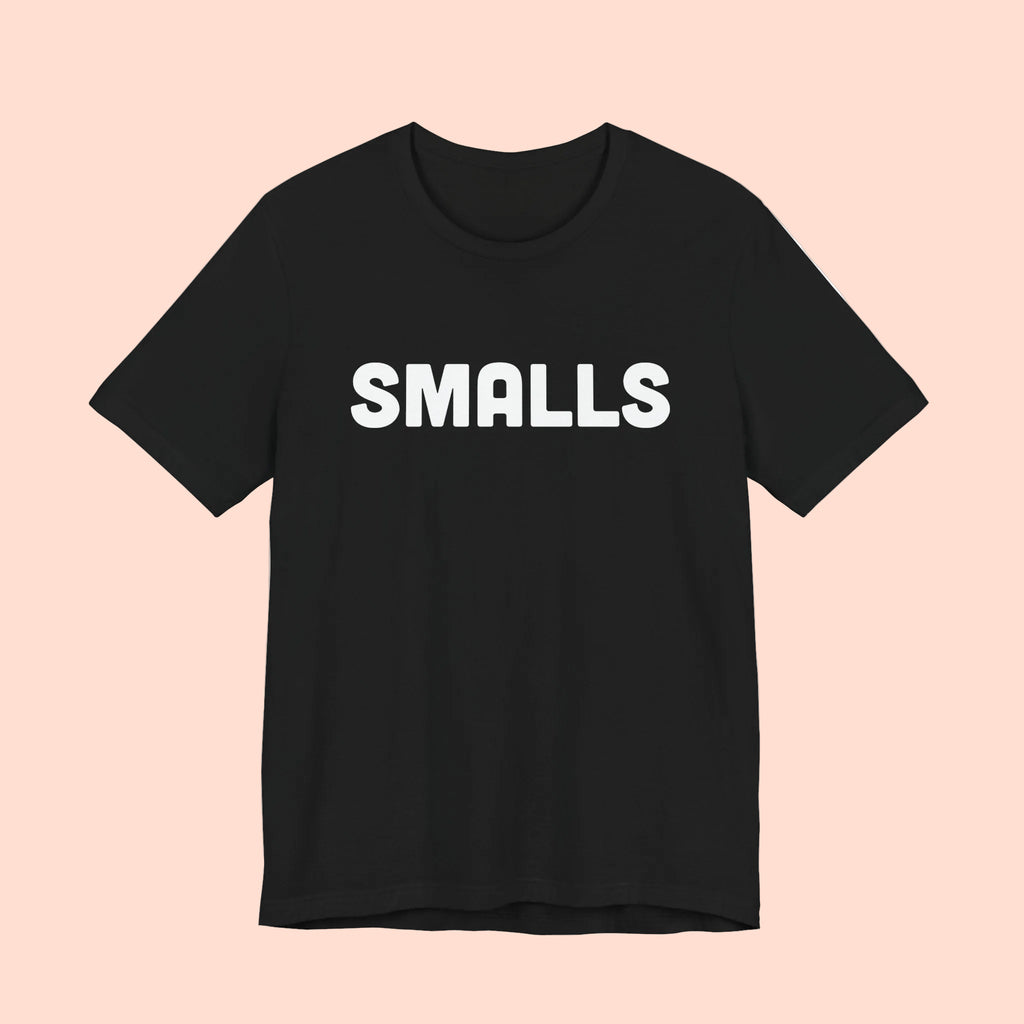 Black t-shirt with 'SMALLS' printed in white on a white background